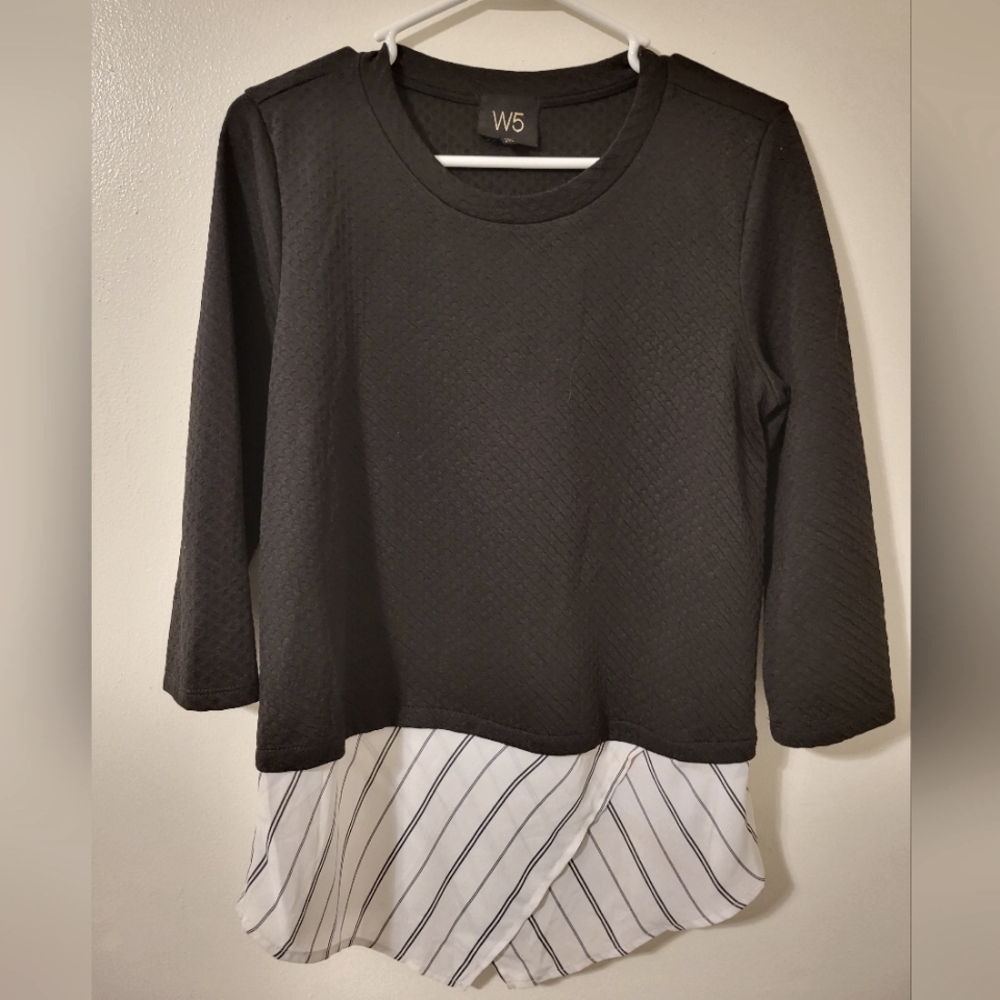 Anthropologie W5 Black 3/4 Sleeve Top with attached Shirt-tails M